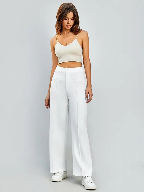 Chic High-Waist Straight-Leg Pants with Pockets - Versatile Wide-Leg Trousers for Women, Perfect for Spring & Autumn Daily Fashion