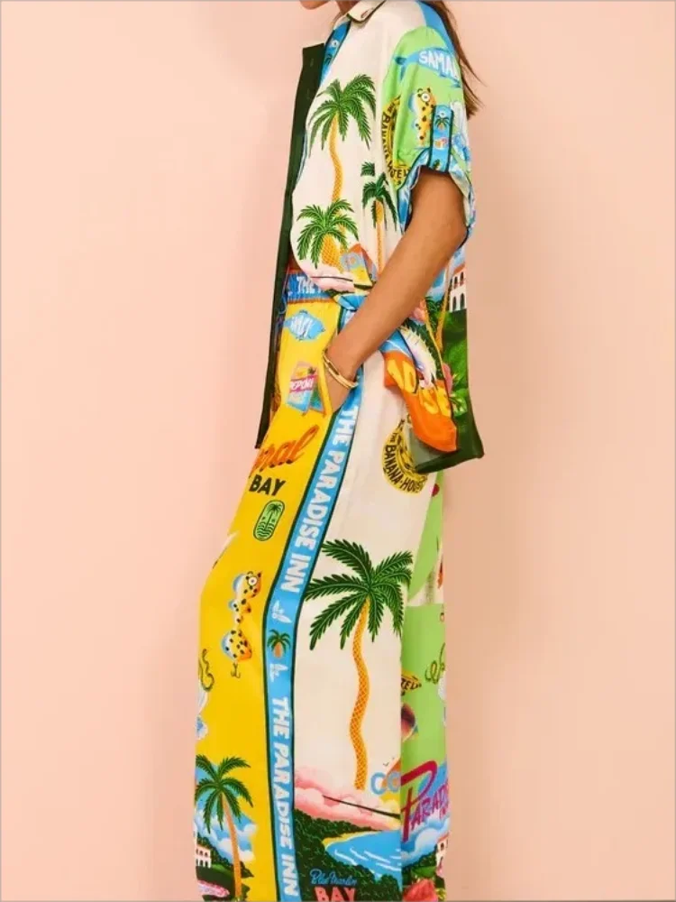 Casual Summer Beach Set - Women’s Printed Coconut Tree Top & Loose Pants Outfit