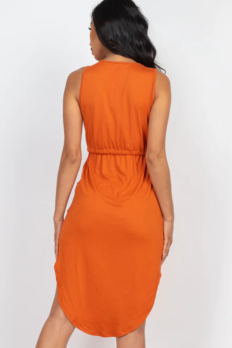 Sleek Summer Midi | Effortless Sleeveless Dress with Adjustable Drawstring Waist