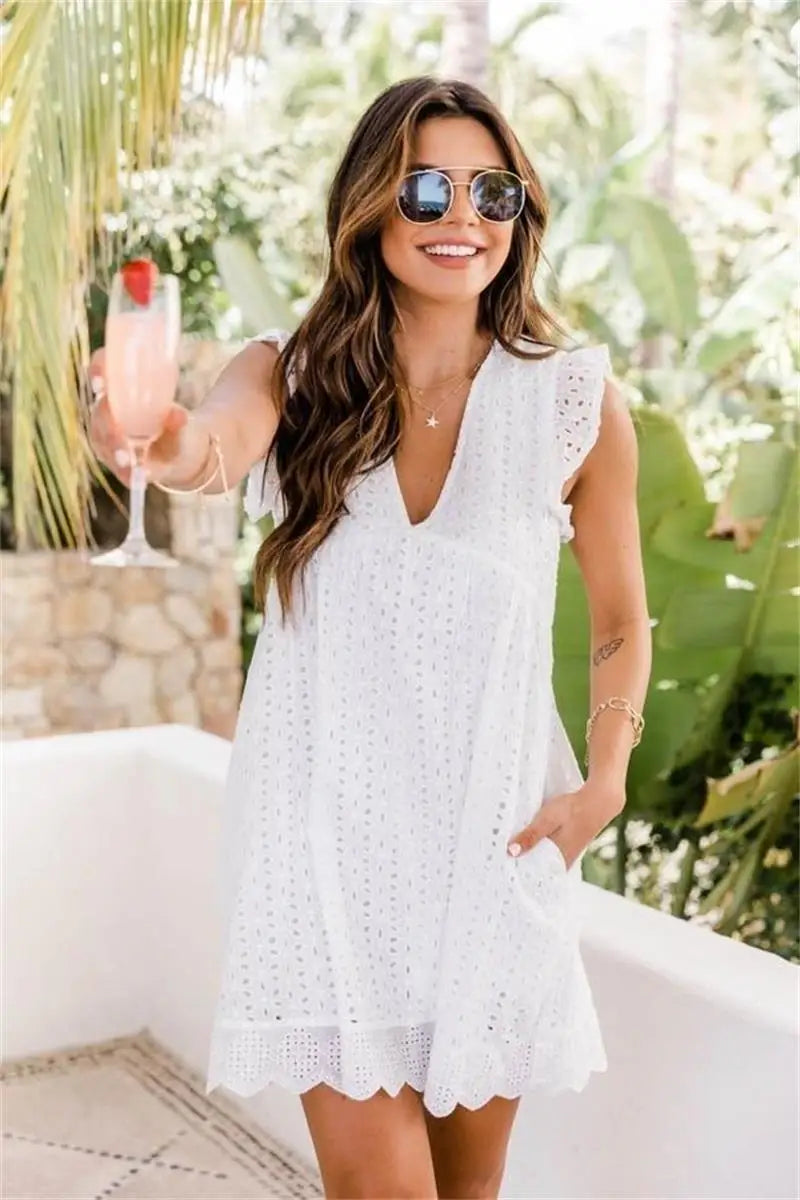 California Lace Romper | V-Neck, Short Sleeve, Casual Summer Party Dress