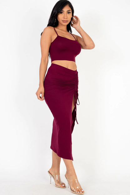 Square Neck Sleeveless Crop Top and Drawstring Split Side Bodycon Skirt Set