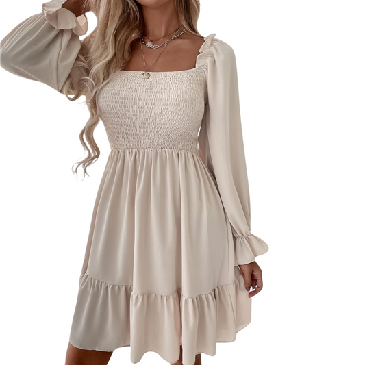 PETITE SHIRRED RUFFLE MINI DRESS