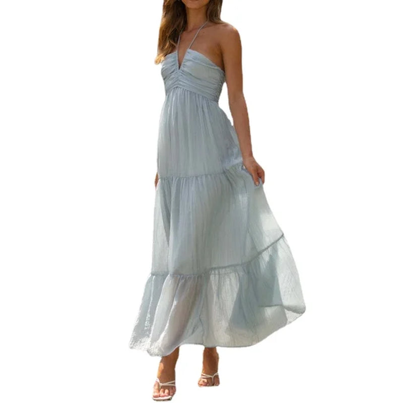 Boho Chic Floral Maxi Dress - Summer Chiffon with Halter V-Neck & Flowy Tiered Skirt