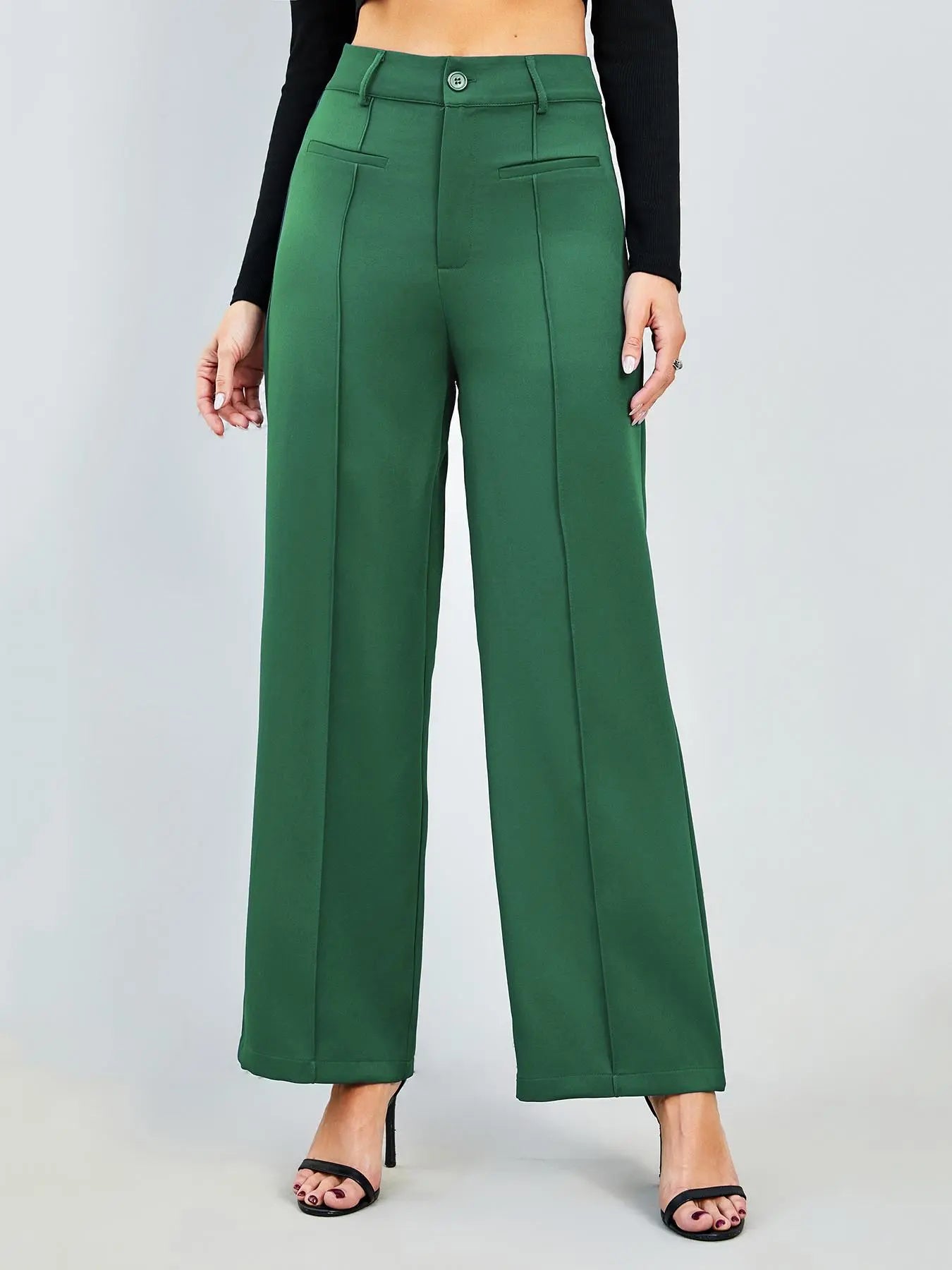 Chic High-Waist Straight-Leg Pants with Pockets - Versatile Wide-Leg Trousers for Women, Perfect for Spring & Autumn Daily Fashion