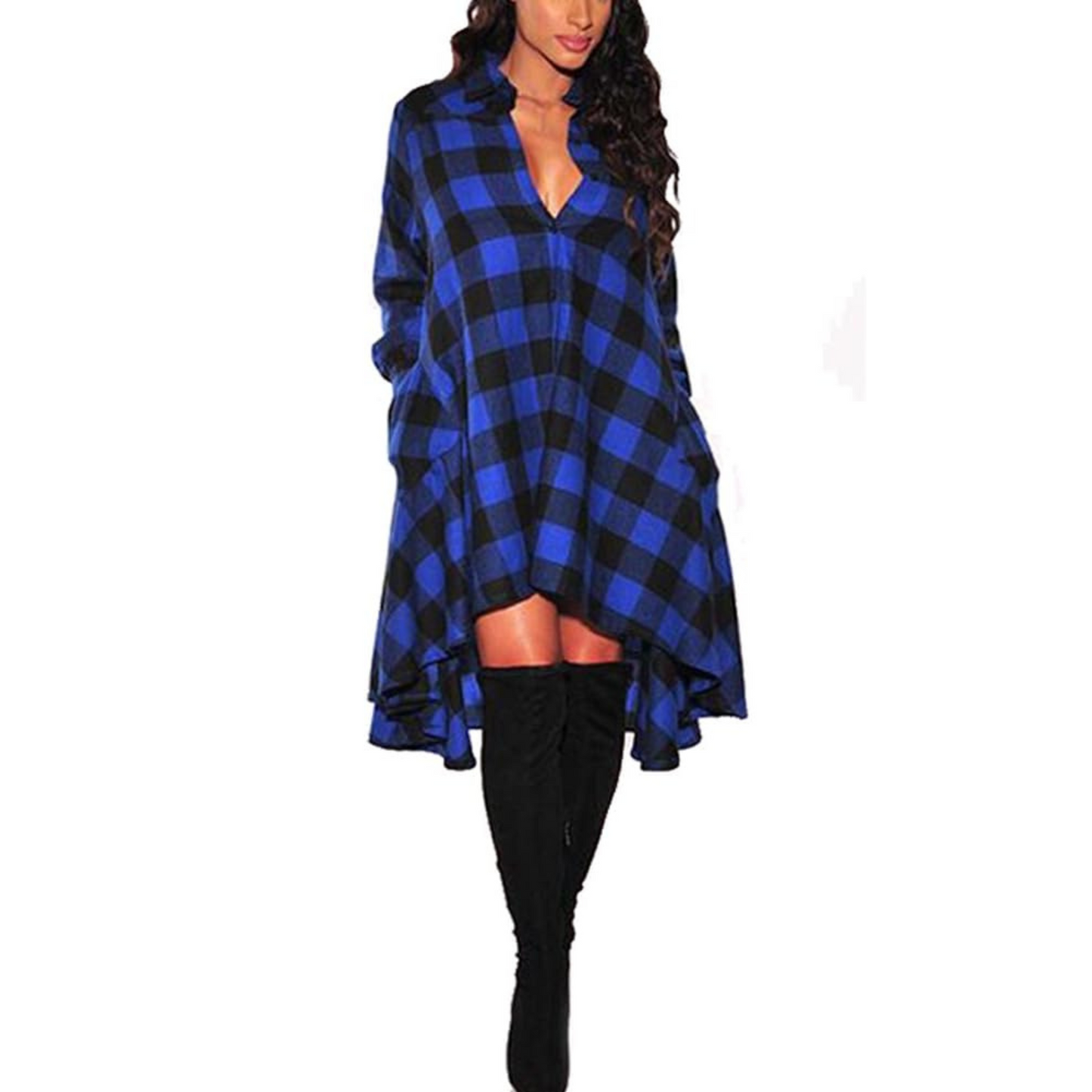 Women's Plaids V Neck Long Sleeve Irregular Hem Casual Shirt Dress