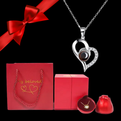 Mother’s Day Exclusive: ‘100 Languages of Love’ Heart Projection Necklace | Elegant Rose Gift Box Included | Luxury Fashion Jewelry for Her