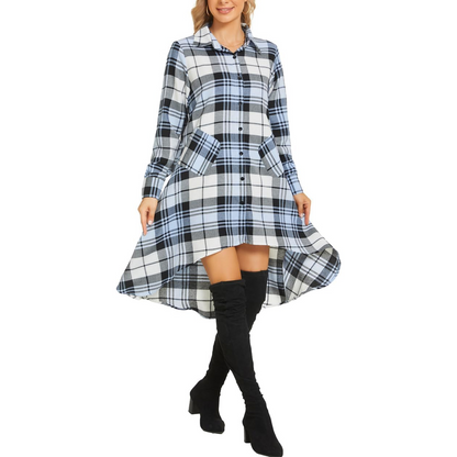 Women's Plaids V Neck Long Sleeve Irregular Hem Casual Shirt Dress