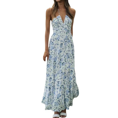 Boho Chic Floral Maxi Dress - Summer Chiffon with Halter V-Neck & Flowy Tiered Skirt