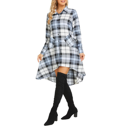 Women's Plaids V Neck Long Sleeve Irregular Hem Casual Shirt Dress