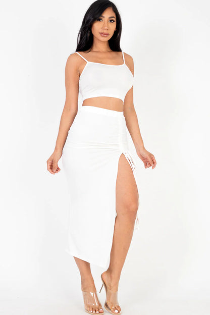 Square Neck Sleeveless Crop Top and Drawstring Split Side Bodycon Skirt Set