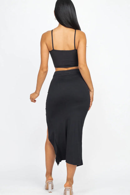 Square Neck Sleeveless Crop Top and Drawstring Split Side Bodycon Skirt Set