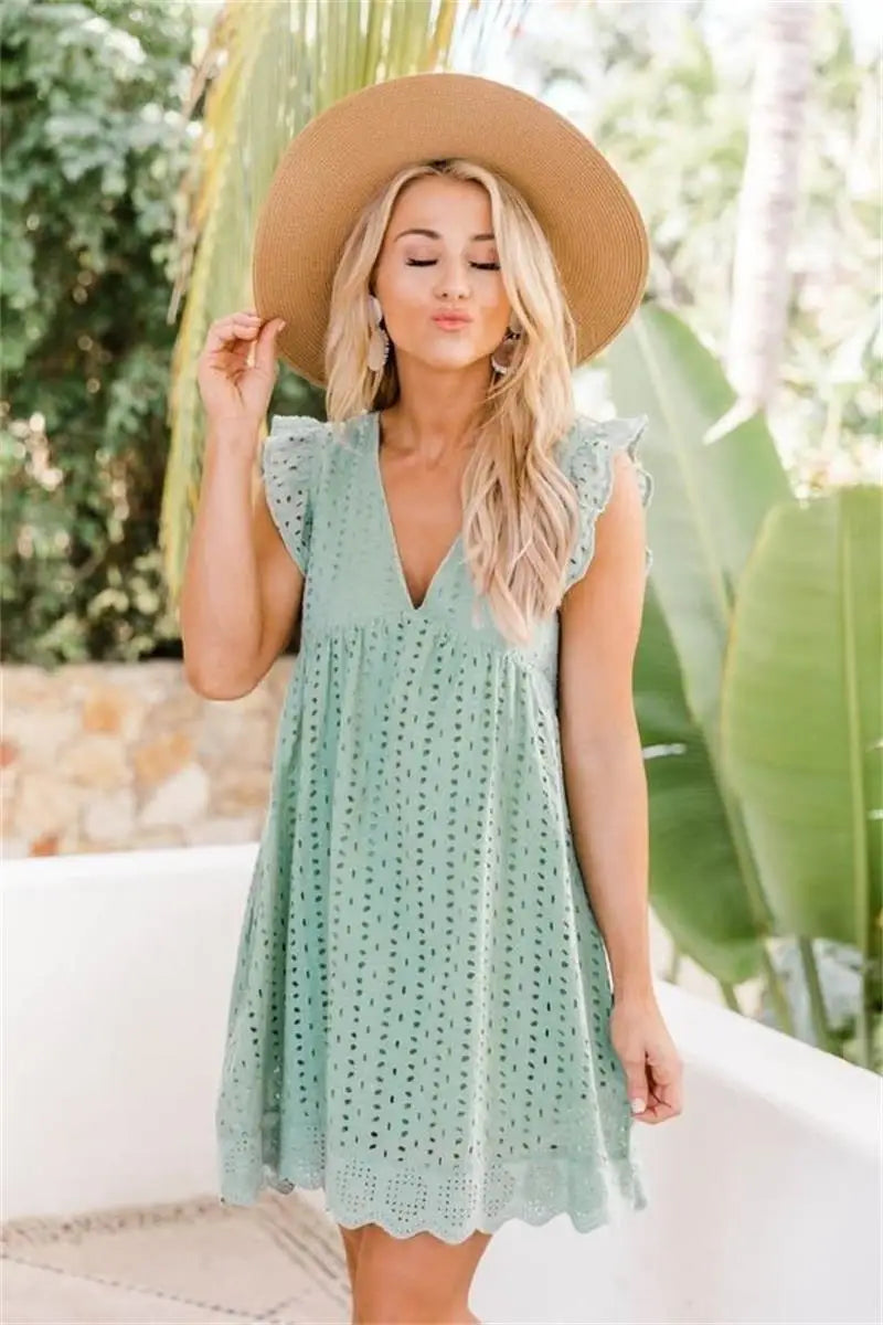 California Lace Romper | V-Neck, Short Sleeve, Casual Summer Party Dress