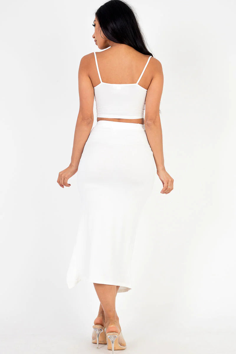 Square Neck Sleeveless Crop Top and Drawstring Split Side Bodycon Skirt Set