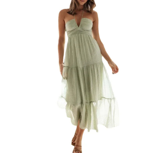 Boho Chic Floral Maxi Dress - Summer Chiffon with Halter V-Neck & Flowy Tiered Skirt