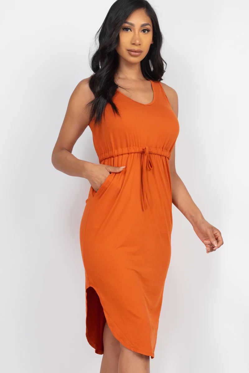 Sleek Summer Midi | Effortless Sleeveless Dress with Adjustable Drawstring Waist