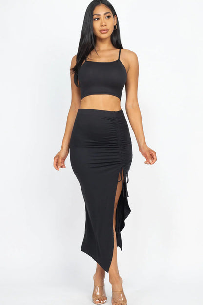 Square Neck Sleeveless Crop Top and Drawstring Split Side Bodycon Skirt Set