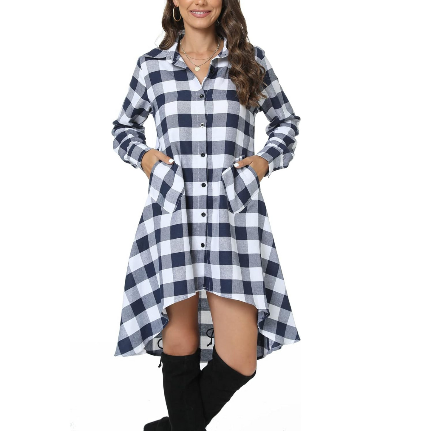 Women's Plaids V Neck Long Sleeve Irregular Hem Casual Shirt Dress