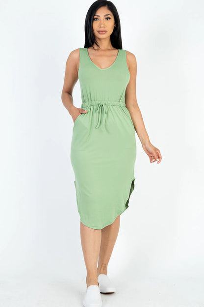 Sleek Summer Midi | Effortless Sleeveless Dress with Adjustable Drawstring Waist