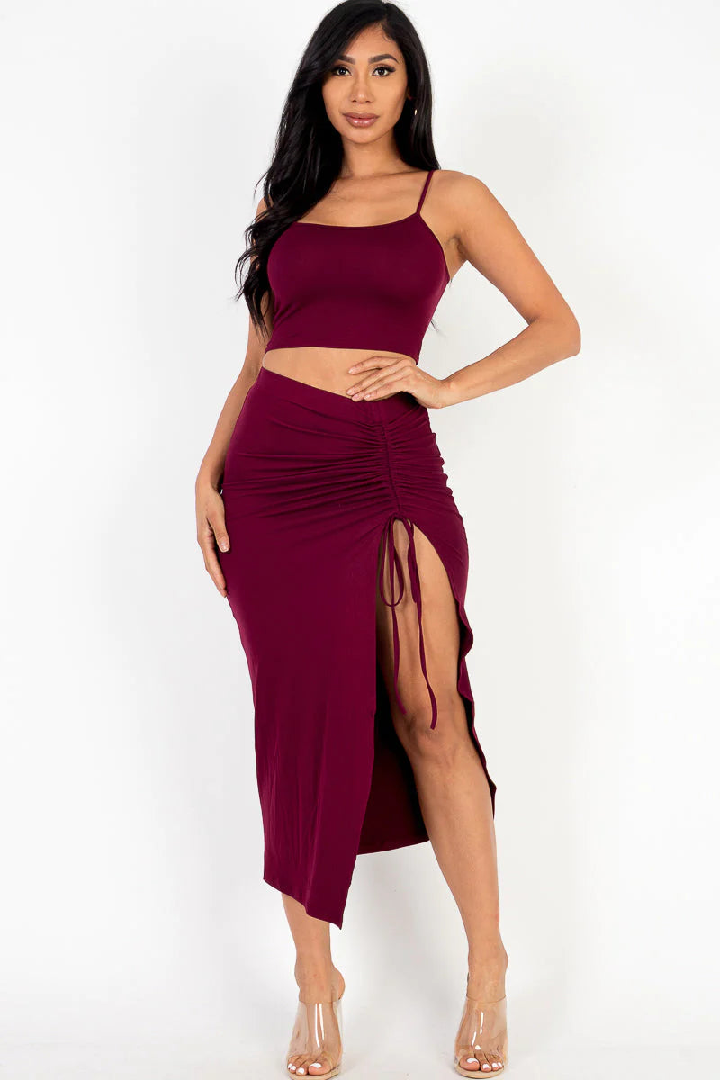 Square Neck Sleeveless Crop Top and Drawstring Split Side Bodycon Skirt Set