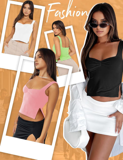 Women’s Sleeveless Slim Crop Tank Top Sexy Pleated Bustier Sweetheart Neck Strappy Slits Cropped Vest Cami