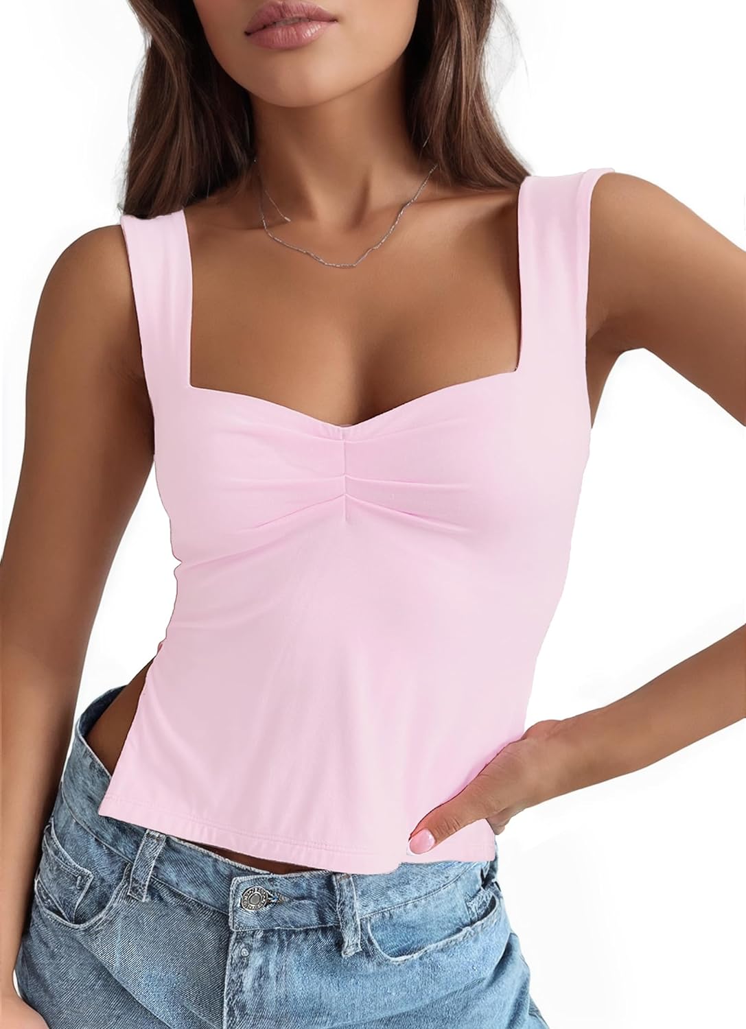 Women’s Sleeveless Slim Crop Tank Top Sexy Pleated Bustier Sweetheart Neck Strappy Slits Cropped Vest Cami