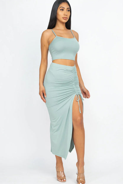 Square Neck Sleeveless Crop Top and Drawstring Split Side Bodycon Skirt Set