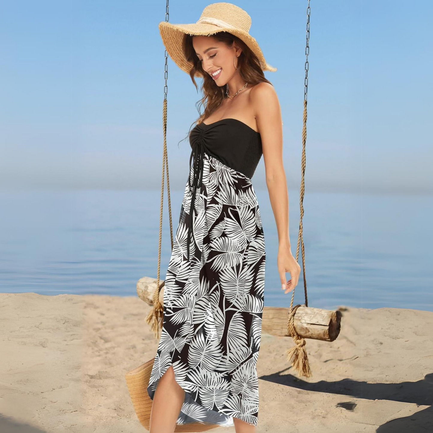 Women'S Beach Dress Summer Maxi Sundress Strapless Hawaiian Cover Ups Asymmetrical Wrap Dresses