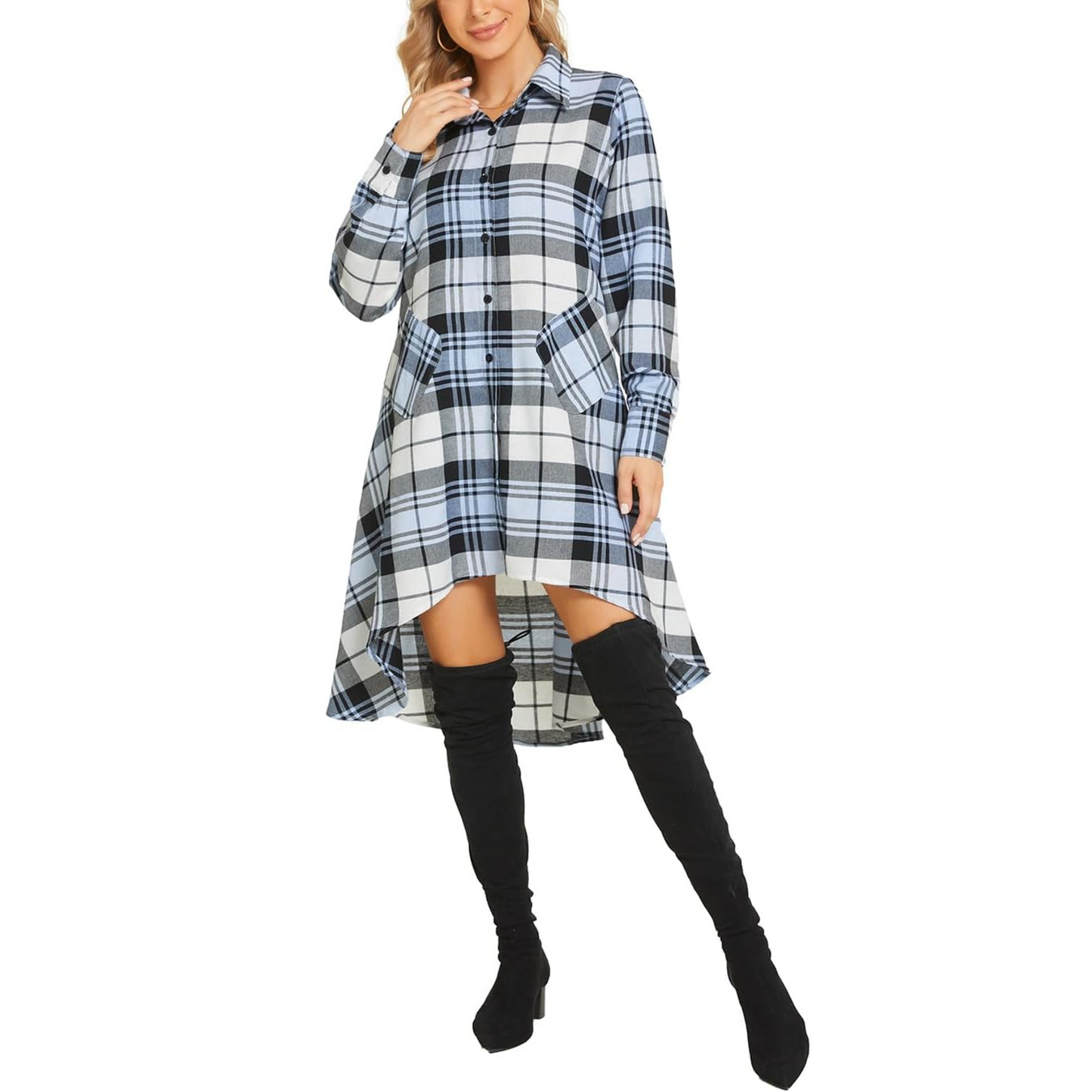 Women's Plaids V Neck Long Sleeve Irregular Hem Casual Shirt Dress