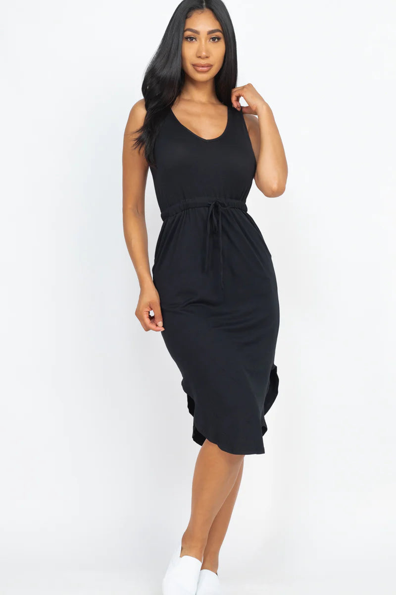 Sleek Summer Midi | Effortless Sleeveless Dress with Adjustable Drawstring Waist