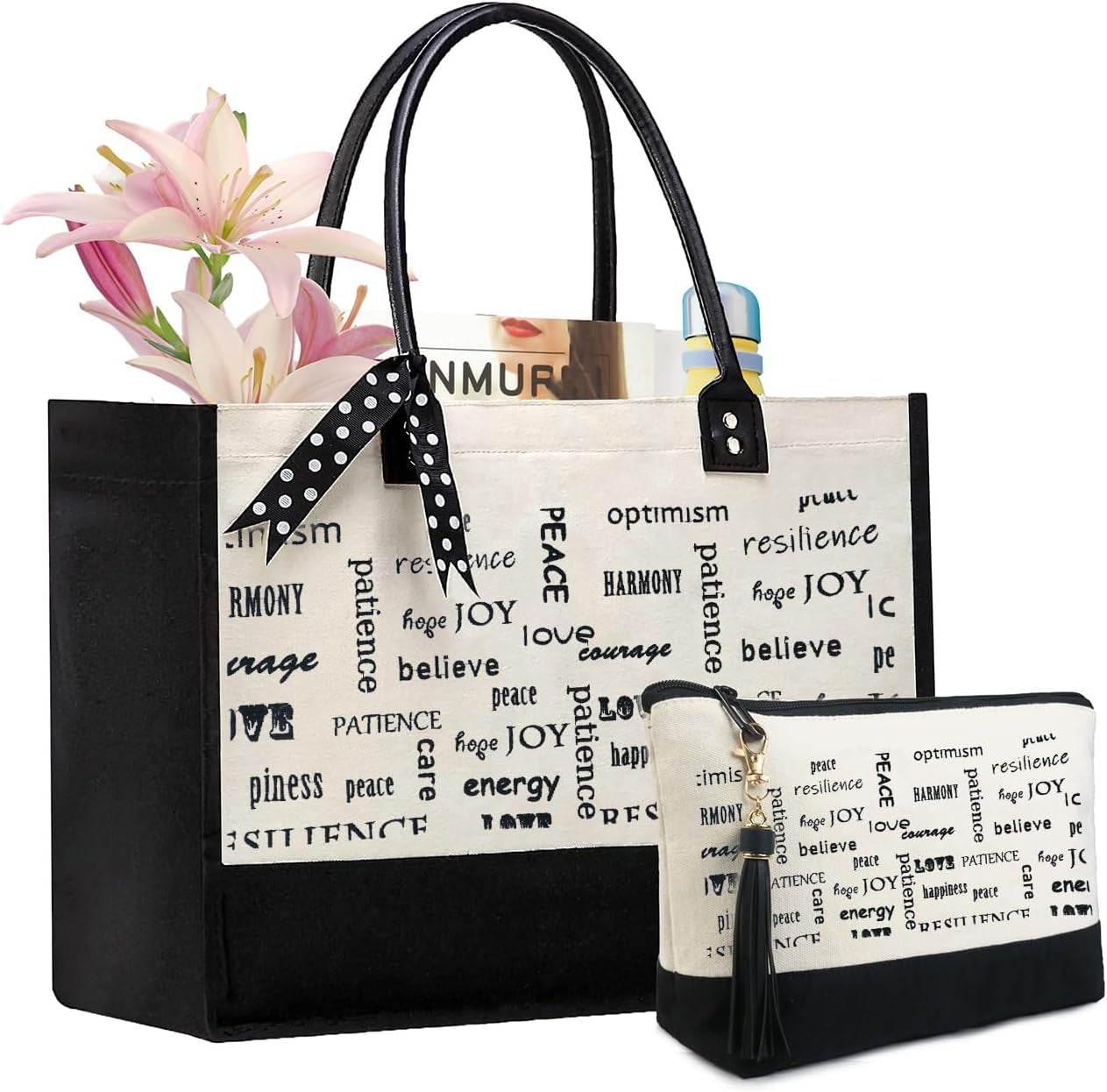 Empowerment Tote: Embroidered Energy Words Canvas Bag | Leather Handle & Vintage Brass Button | Polka Dot Ribbon Accent | Secure Inner Zip Pouch