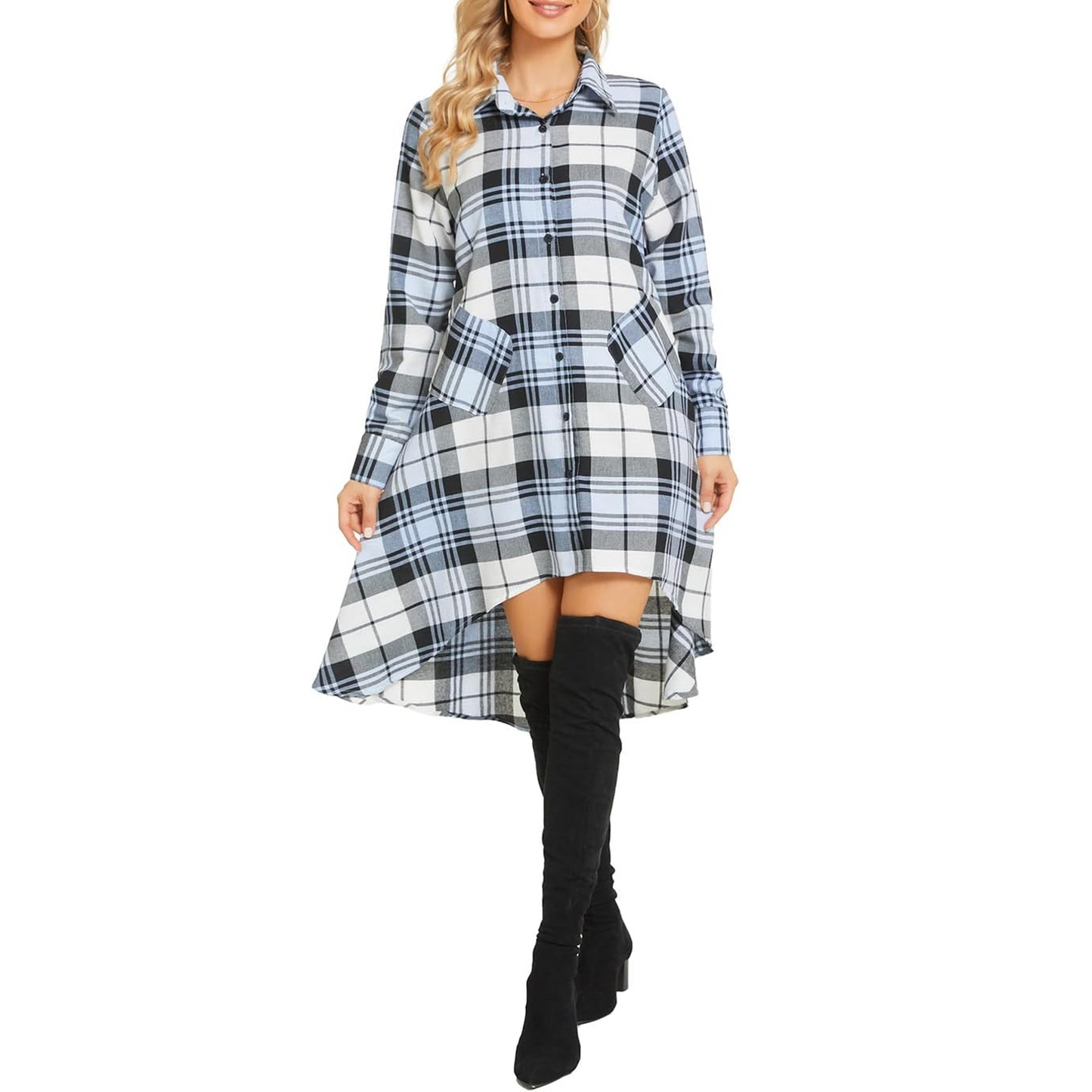 Women's Plaids V Neck Long Sleeve Irregular Hem Casual Shirt Dress