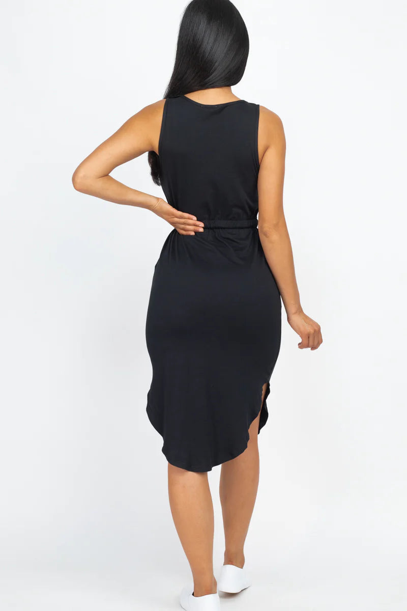 Sleek Summer Midi | Effortless Sleeveless Dress with Adjustable Drawstring Waist