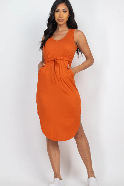 Sleek Summer Midi | Effortless Sleeveless Dress with Adjustable Drawstring Waist