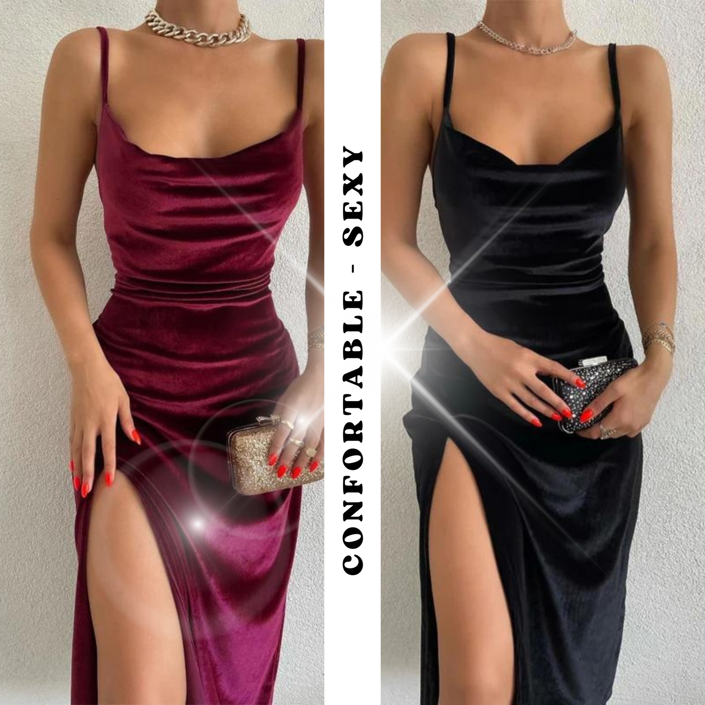 Sleveless High Vent - Cocktail Party Maxi Dress - Velvet Prom Dress