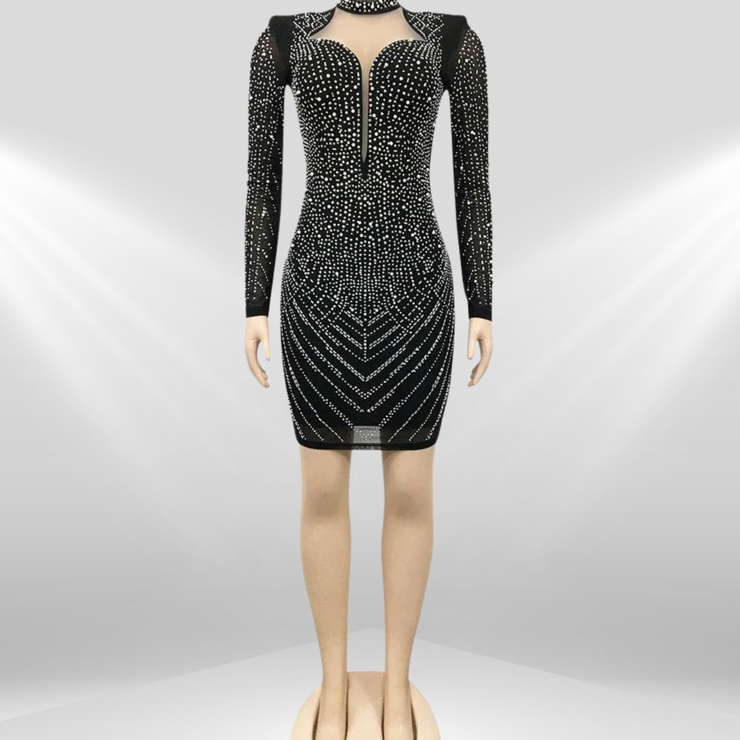 Dazzling Evening Elegance: Sparkling Rhinestone Adorned Bodycon | Sophisticated Long-Sleeve & Mock Neck Silhouette