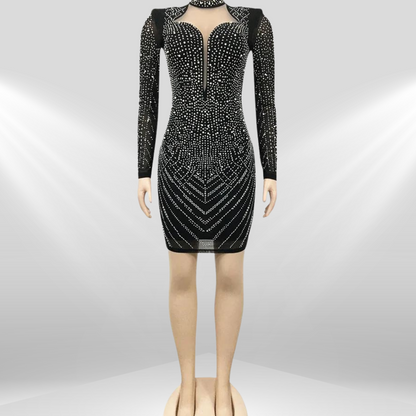 Dazzling Evening Elegance: Sparkling Rhinestone Adorned Bodycon | Sophisticated Long-Sleeve & Mock Neck Silhouette