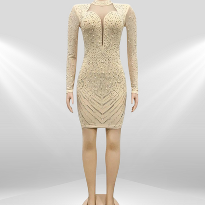 Dazzling Evening Elegance: Sparkling Rhinestone Adorned Bodycon | Sophisticated Long-Sleeve & Mock Neck Silhouette