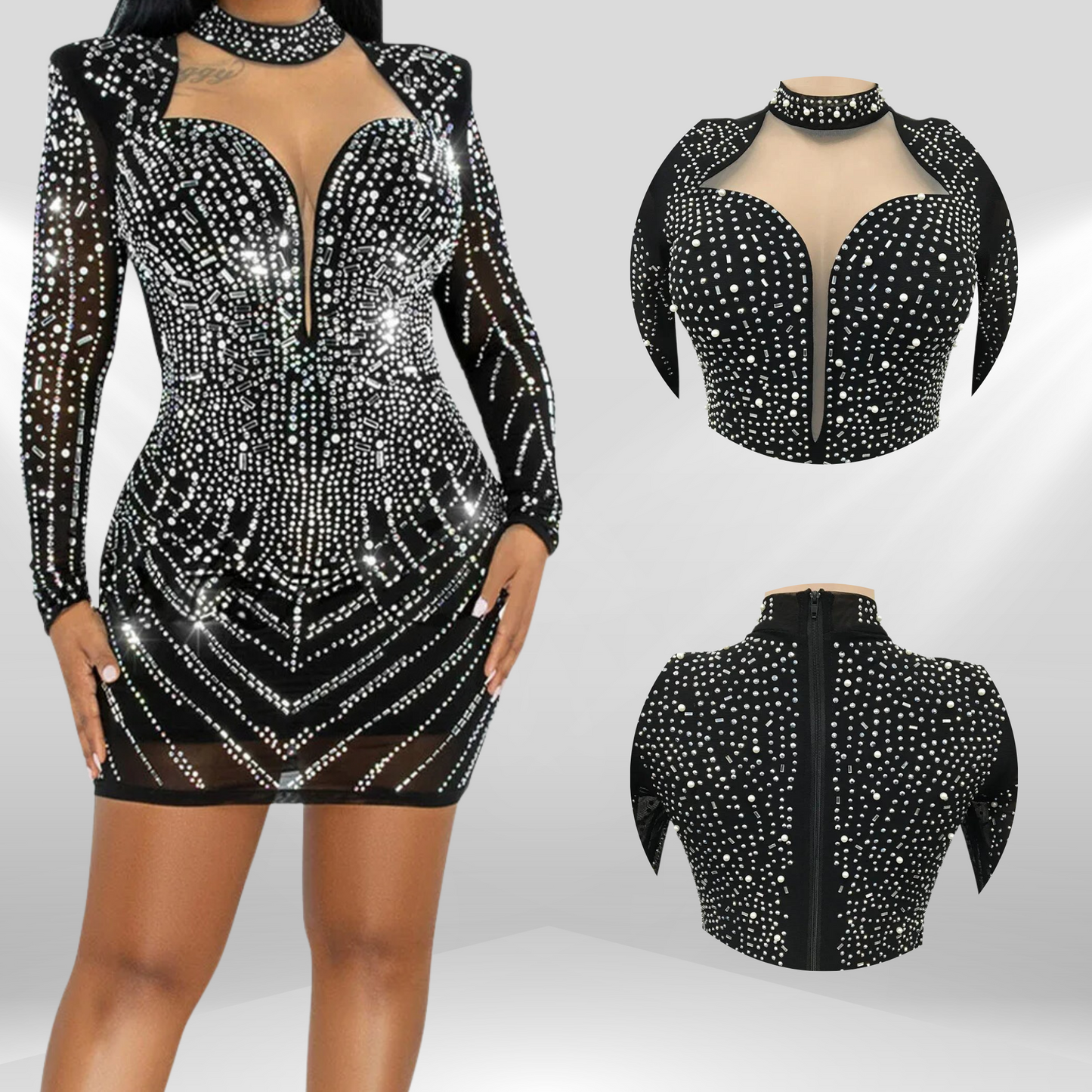 Dazzling Evening Elegance: Sparkling Rhinestone Adorned Bodycon | Sophisticated Long-Sleeve & Mock Neck Silhouette