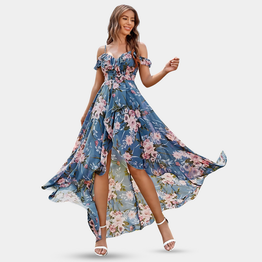 Elegant Floral Chiffon Gown with Off-The-Shoulder Design & High-Low Hem