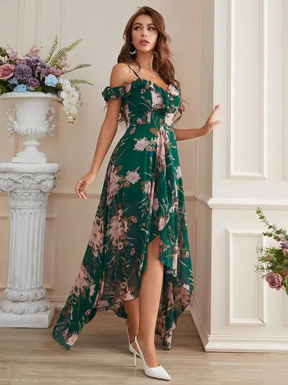 Elegant Floral Chiffon Gown with Off-The-Shoulder Design & High-Low Hem