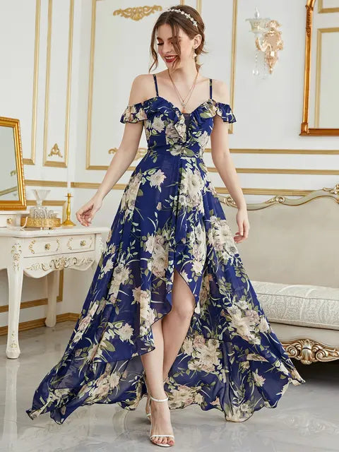 Elegant Floral Chiffon Gown with Off-The-Shoulder Design & High-Low Hem