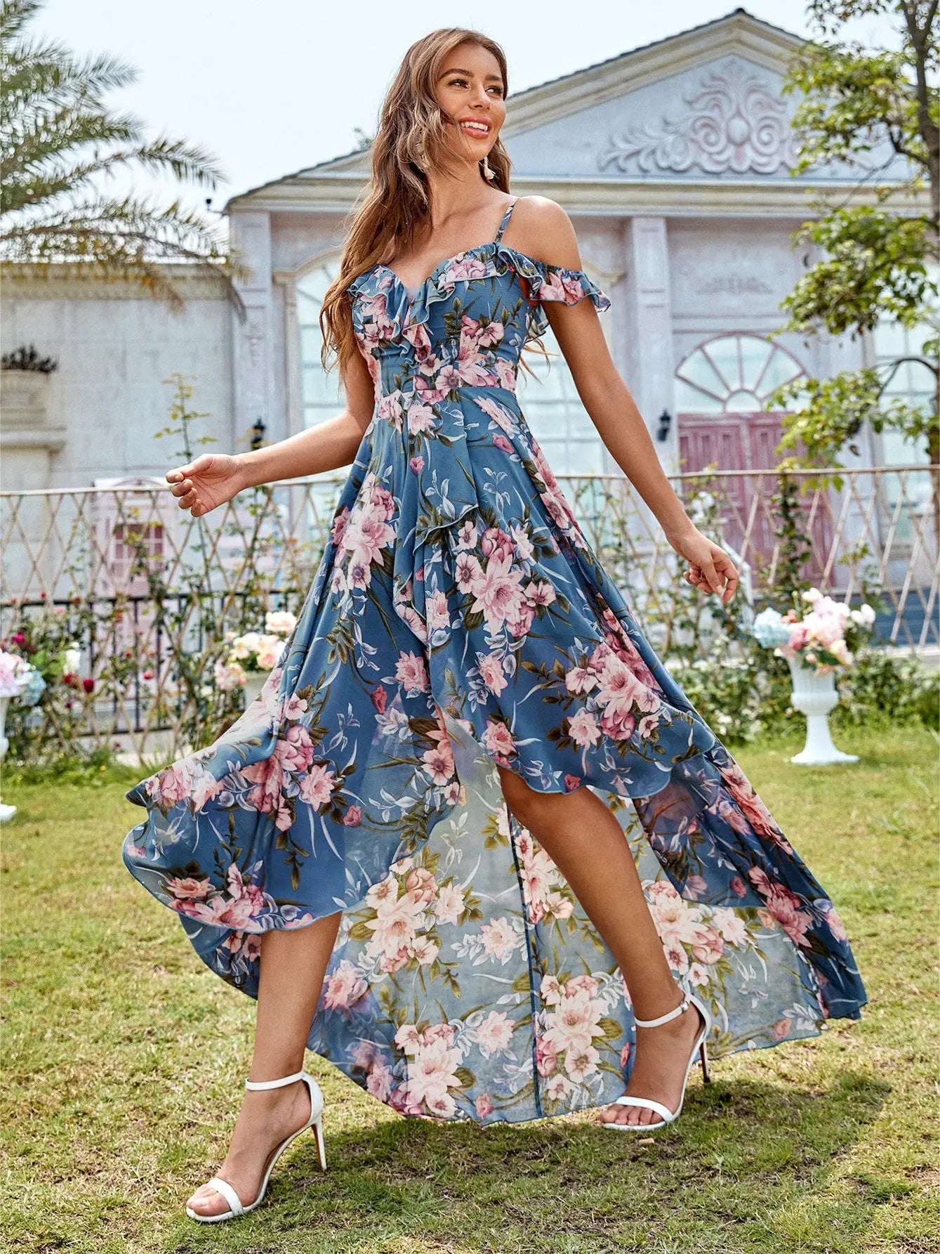 Elegant Floral Chiffon Gown with Off-The-Shoulder Design & High-Low Hem