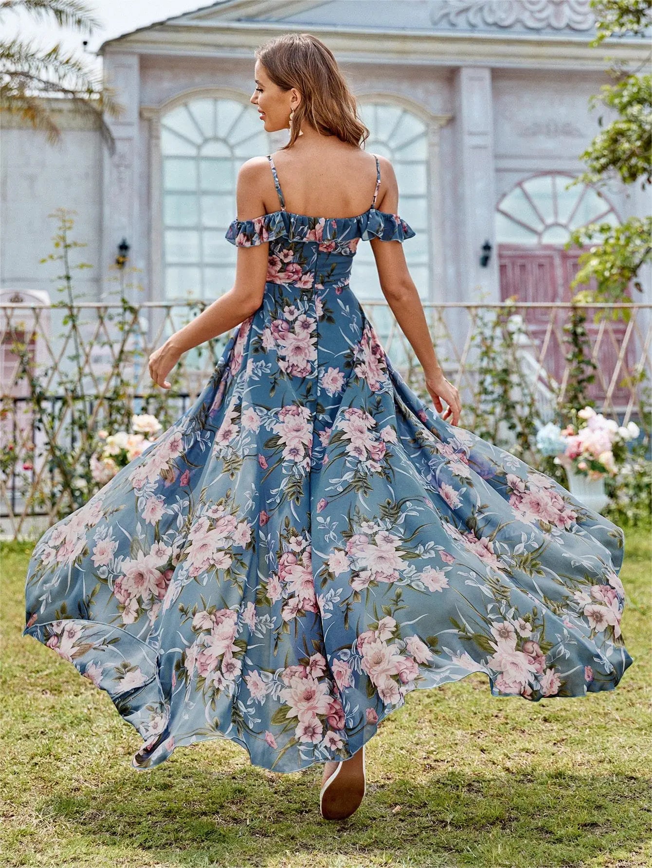 Elegant Floral Chiffon Gown with Off-The-Shoulder Design & High-Low Hem