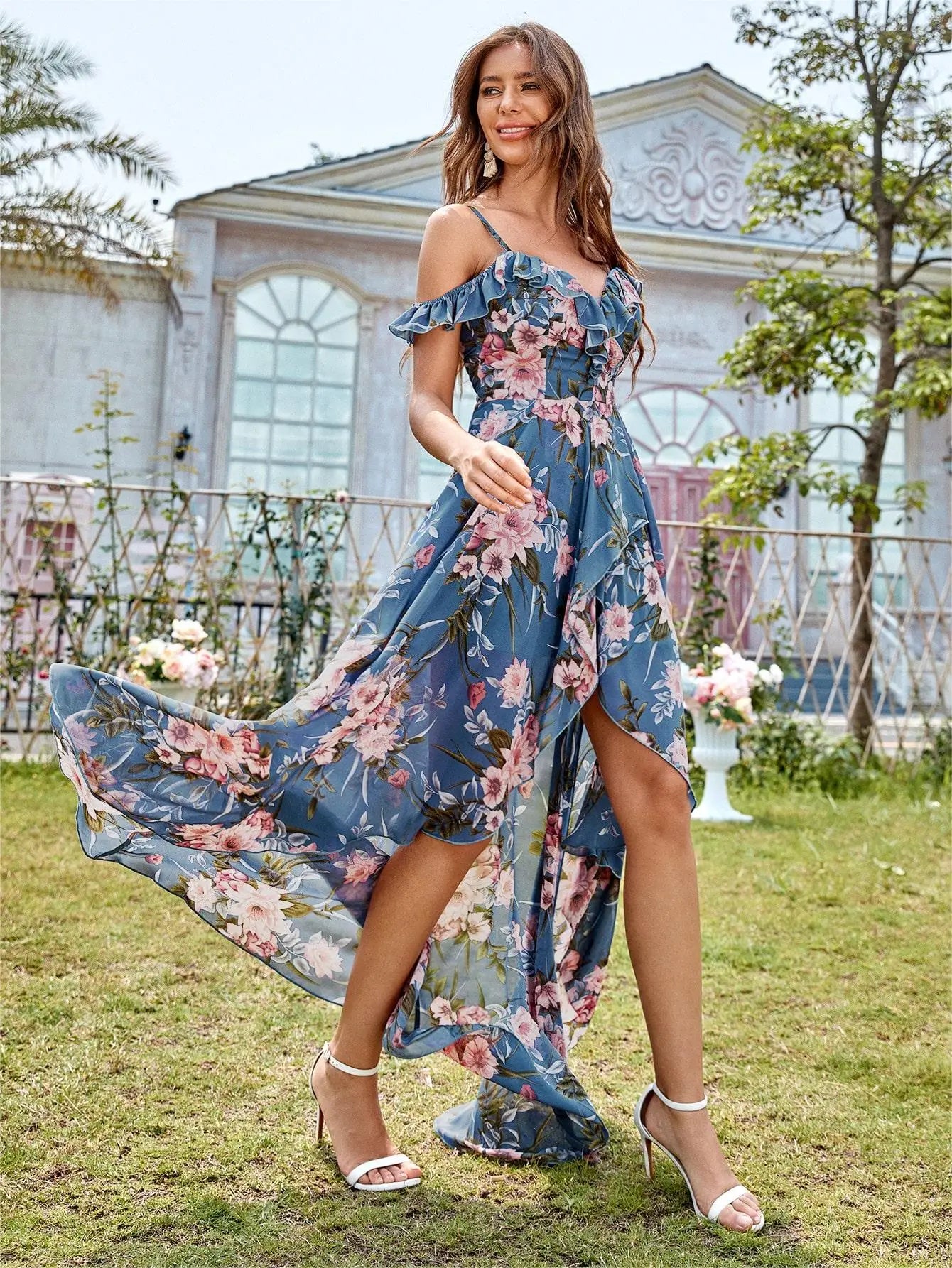 Elegant Floral Chiffon Gown with Off-The-Shoulder Design & High-Low Hem