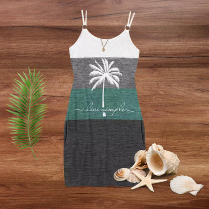 Live Simple Coconut Tree Color Block Pocket Mini Dress Women Summer Beach Sleeveless Tanks Vacation Short Dress