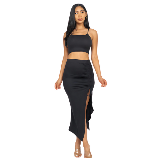 Square Neck Sleeveless Crop Top and Drawstring Split Side Bodycon Skirt Set