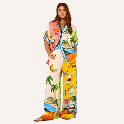 Casual Summer Beach Set - Women’s Printed Coconut Tree Top & Loose Pants Outfit