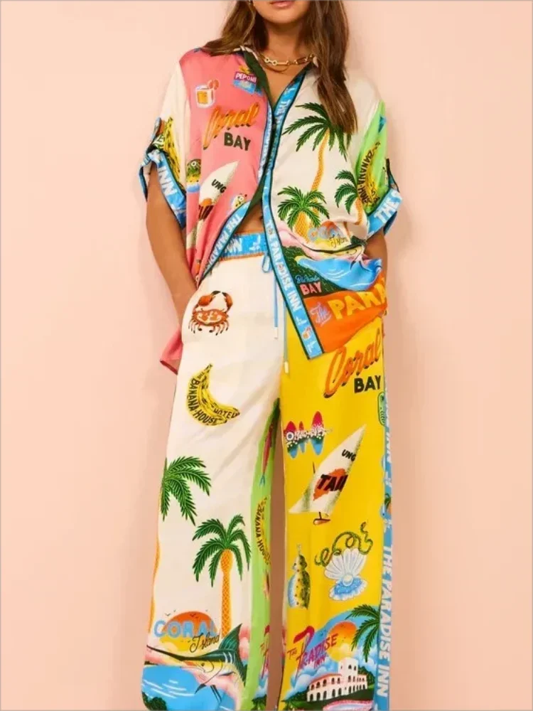 Casual Summer Beach Set - Women’s Printed Coconut Tree Top & Loose Pants Outfit 