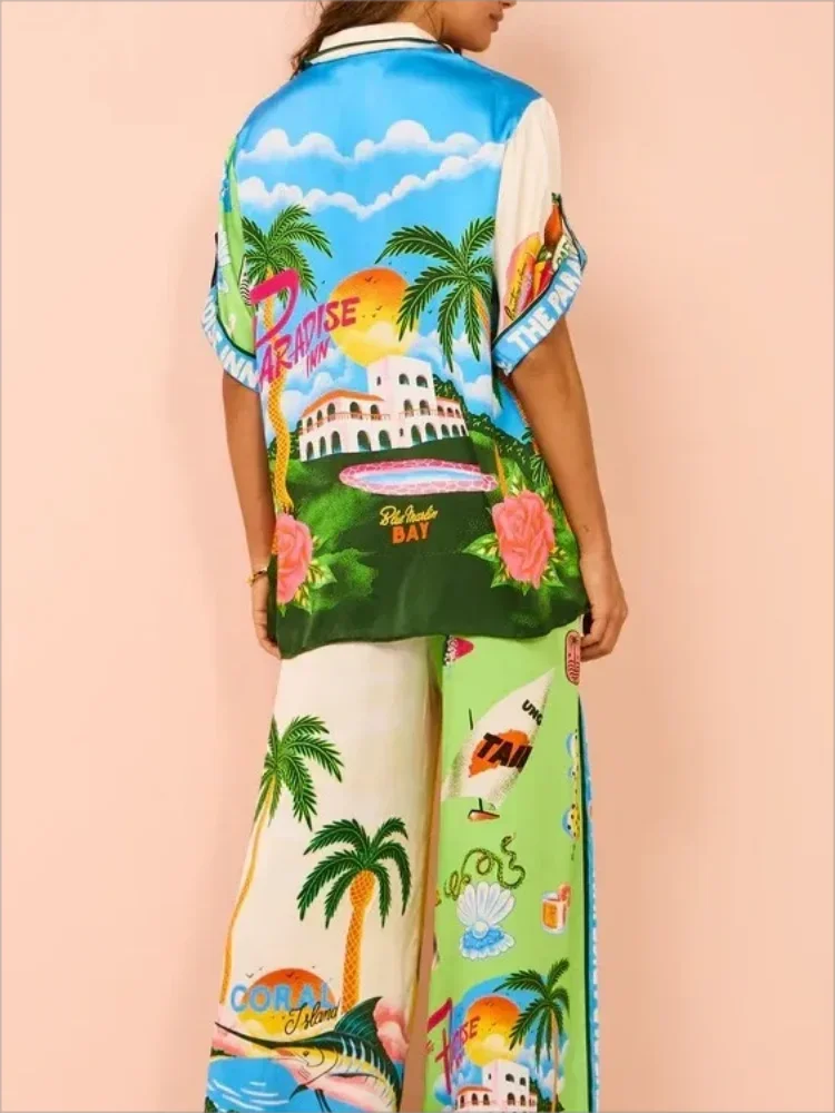 Casual Summer Beach Set - Women’s Printed Coconut Tree Top & Loose Pants Outfit 