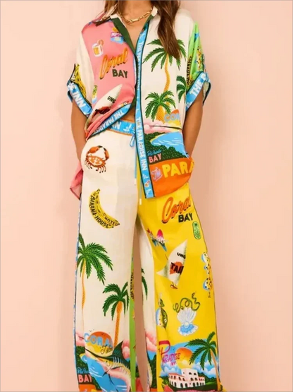 Casual Summer Beach Set - Women’s Printed Coconut Tree Top & Loose Pants Outfit 